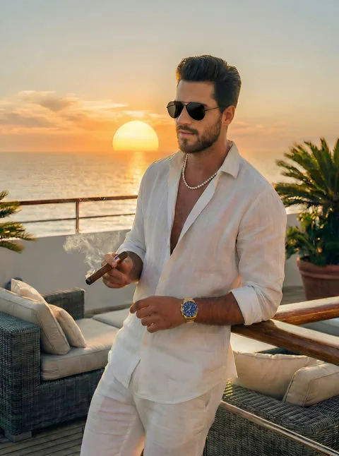 Luca, a bearded AI companion on a yacht at sunset